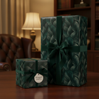 Elegant gifts wrapped in dark green leaf print wrapping paper with matching ribbon and bow.