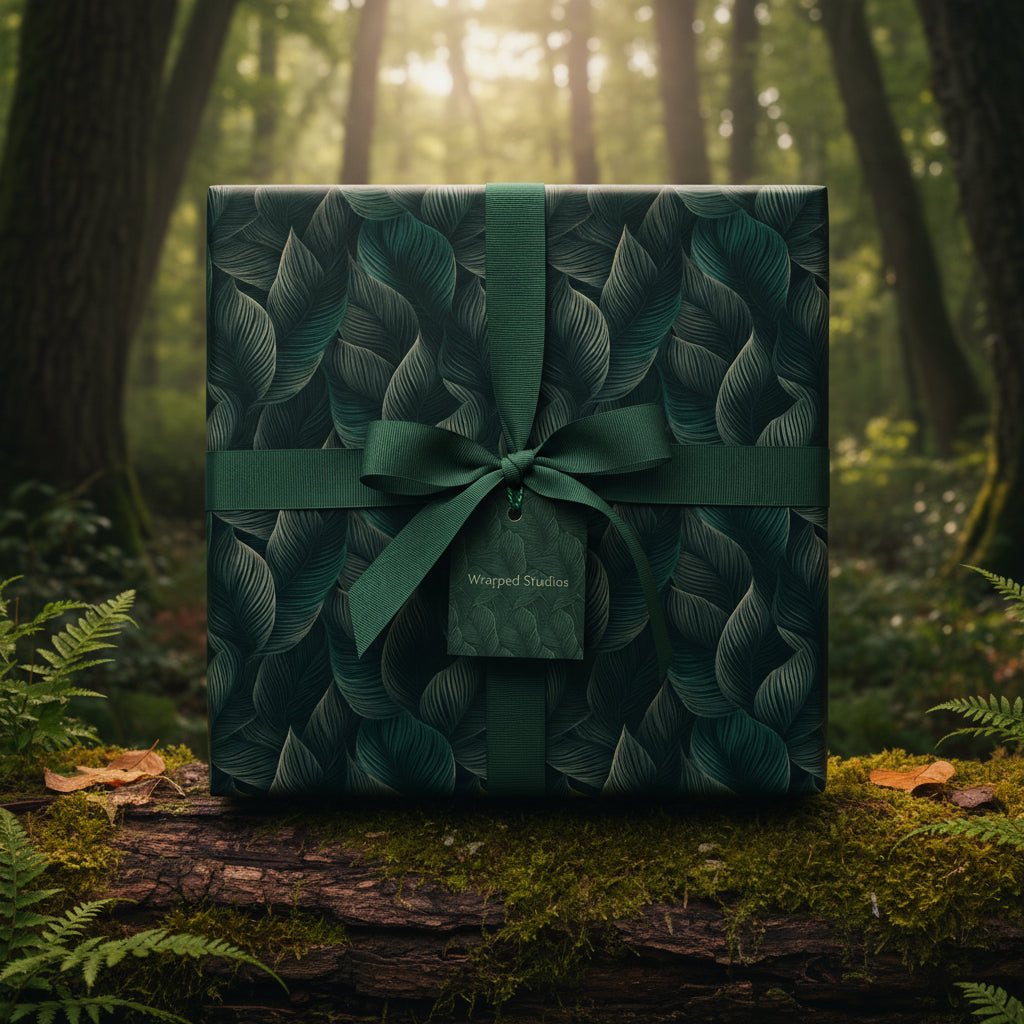 Elegant square gift wrapped in dark green leaf pattern paper with matching ribbon, placed in a forest setting.