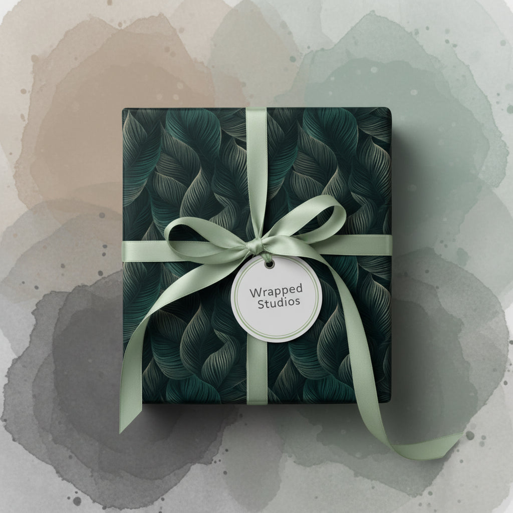 Square gift box in dark green floral wrapping paper with sage ribbon and bow.