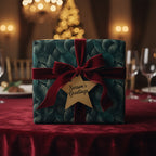 Elegant Christmas gift with dark green leaf wrapping paper, a red velvet ribbon, and a star-shaped "Season's Greetings" tag.