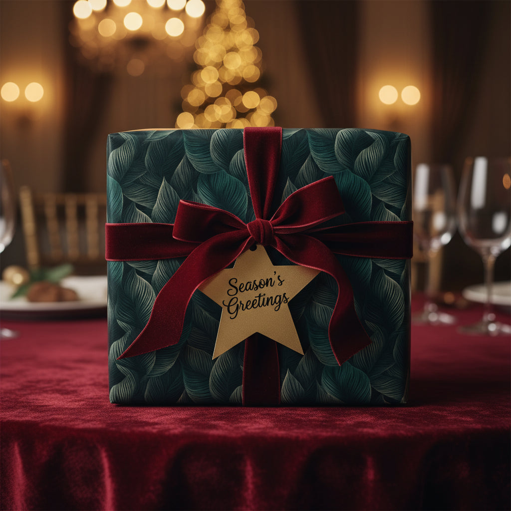 Elegant Christmas gift with dark green leaf wrapping paper, a red velvet ribbon, and a star-shaped "Season's Greetings" tag.