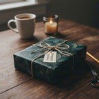 Wrapped gift with dark green floral wrapping paper, tied with rustic twine bow, and a "Wrapped Studios" tag.