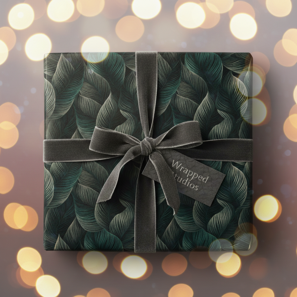 Elegant gift box wrapped in dark green botanical wrapping paper with velvet ribbon.