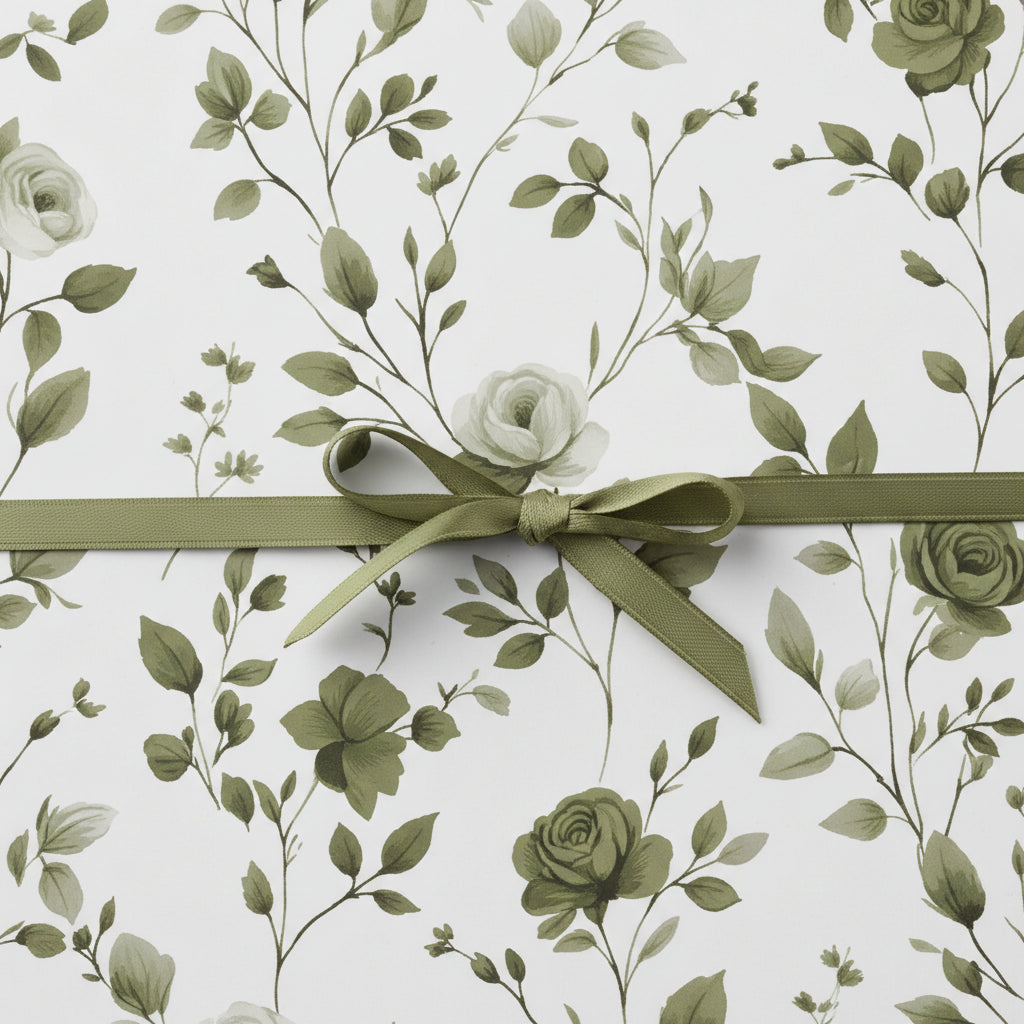 Elegant floral wrapping paper with olive-green botanical pattern and ribbon bow.
