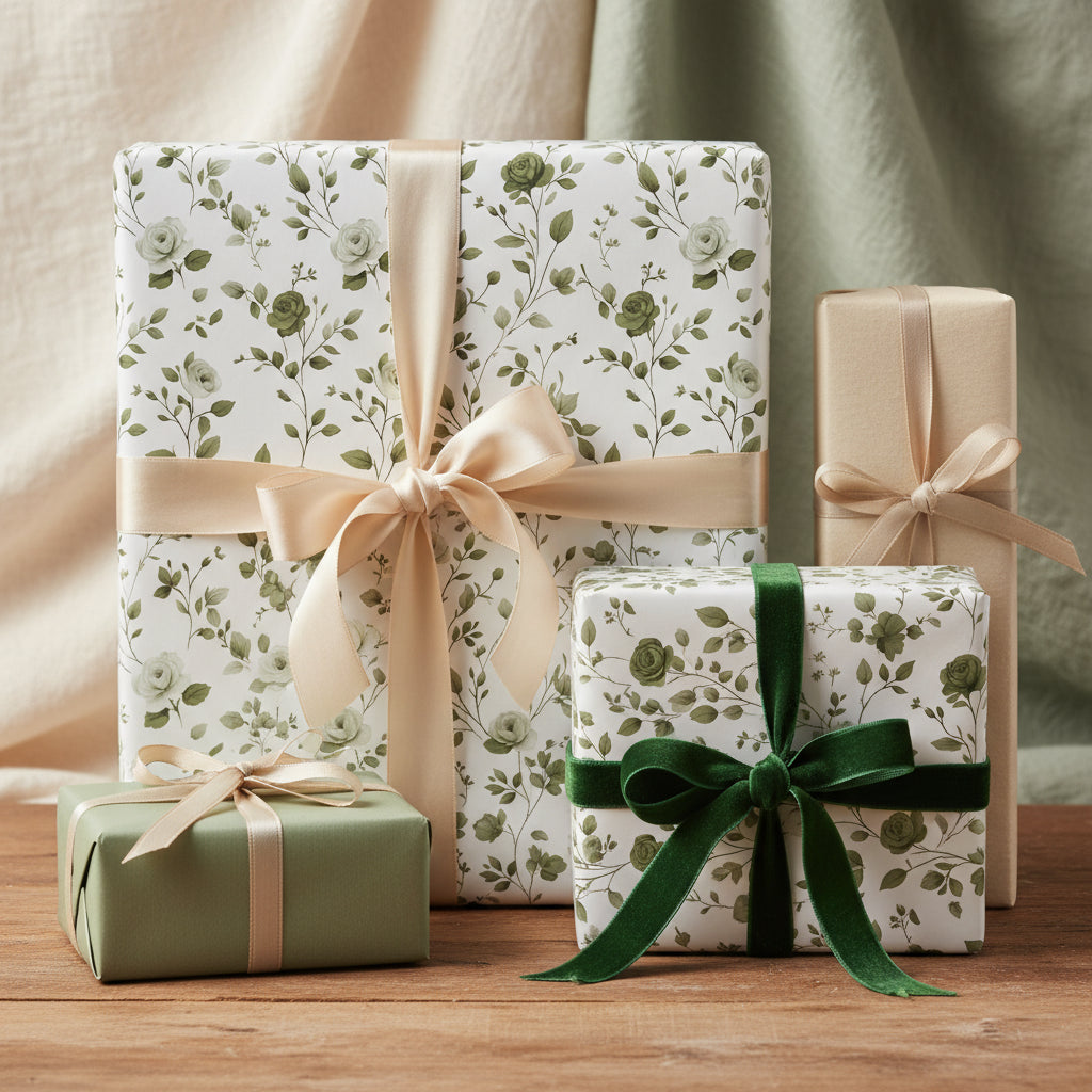 Elegant gifts wrapped in floral wrapping paper with green and gold ribbons, perfect for birthdays or special occasions.