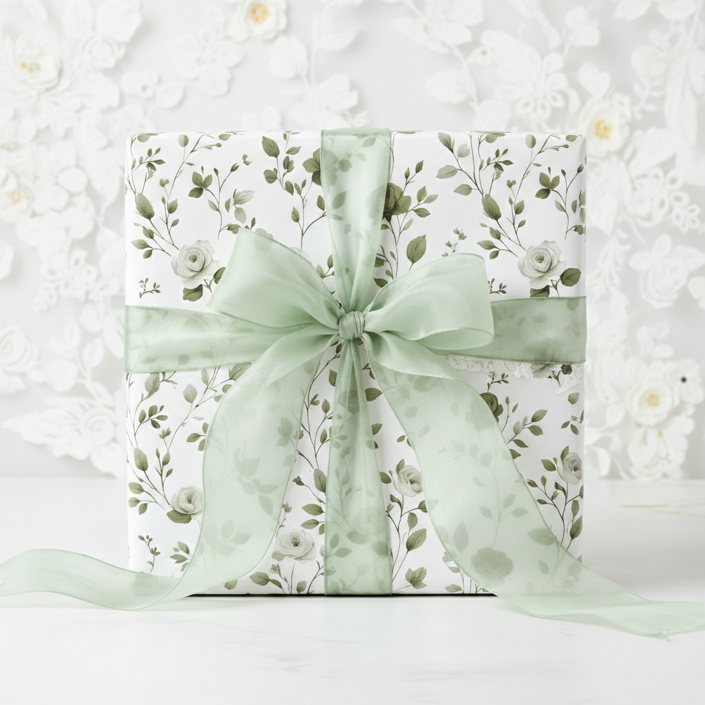 Elegant gift wrapped in white floral wrapping paper with sage green ribbon.