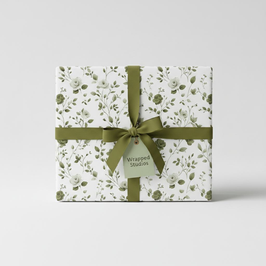Elegant gift box wrapped in white floral wrapping paper with a sage green ribbon and tag.