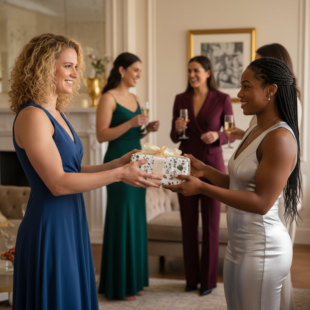 Woman gives gift wrapped in floral wrapping paper and ivory ribbon at elegant celebration.
