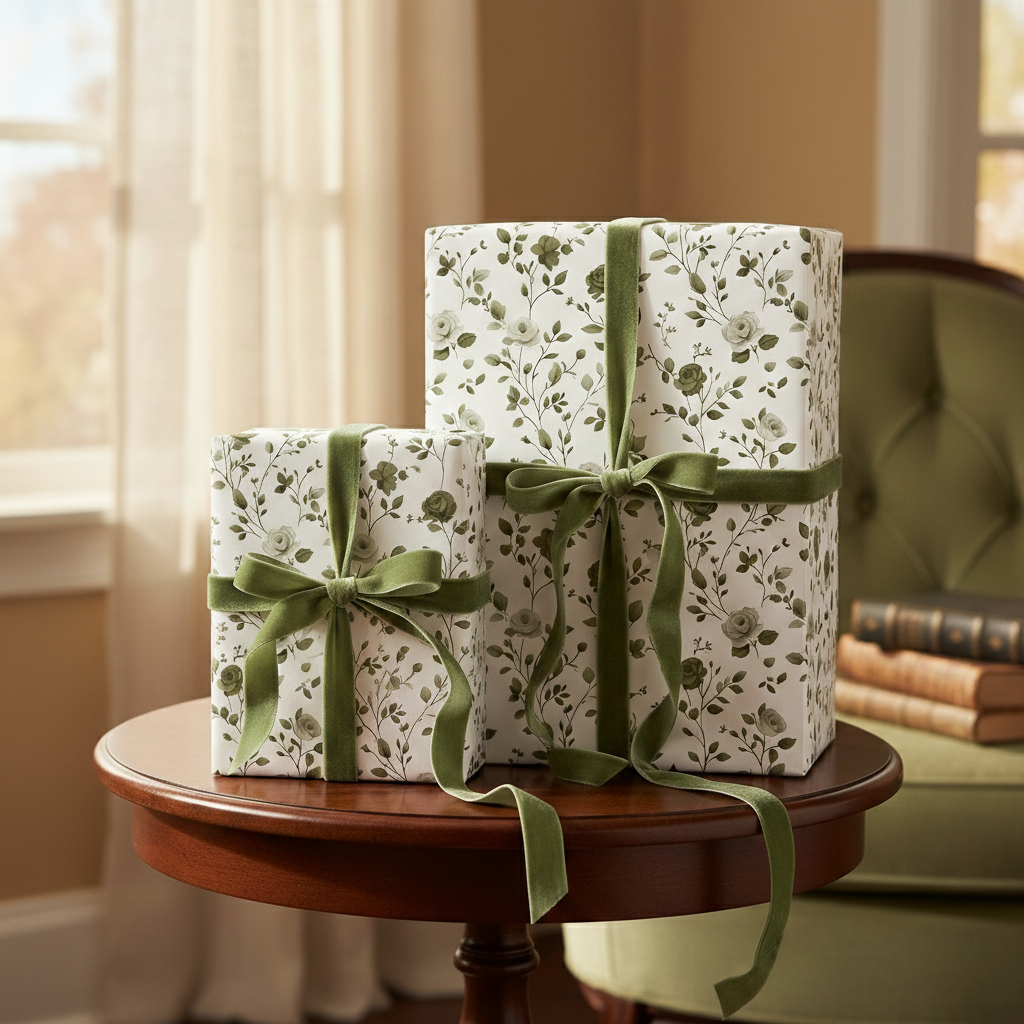 Elegant gifts wrapped in floral wrapping paper with green velvet ribbon on a dark wood table.