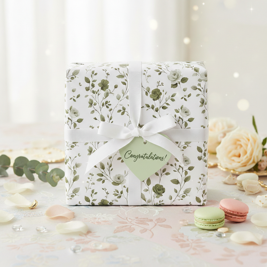 Elegant gift wrapped in white floral wrapping paper with a "Congratulations!" tag and white ribbon.