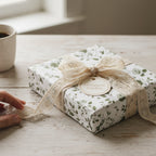 Square gift wrapped in white floral wrapping paper with cream lace ribbon on a wooden table.