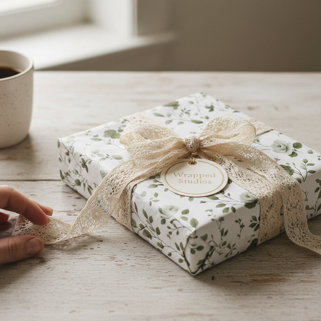 Square gift wrapped in white floral wrapping paper with cream lace ribbon on a wooden table.