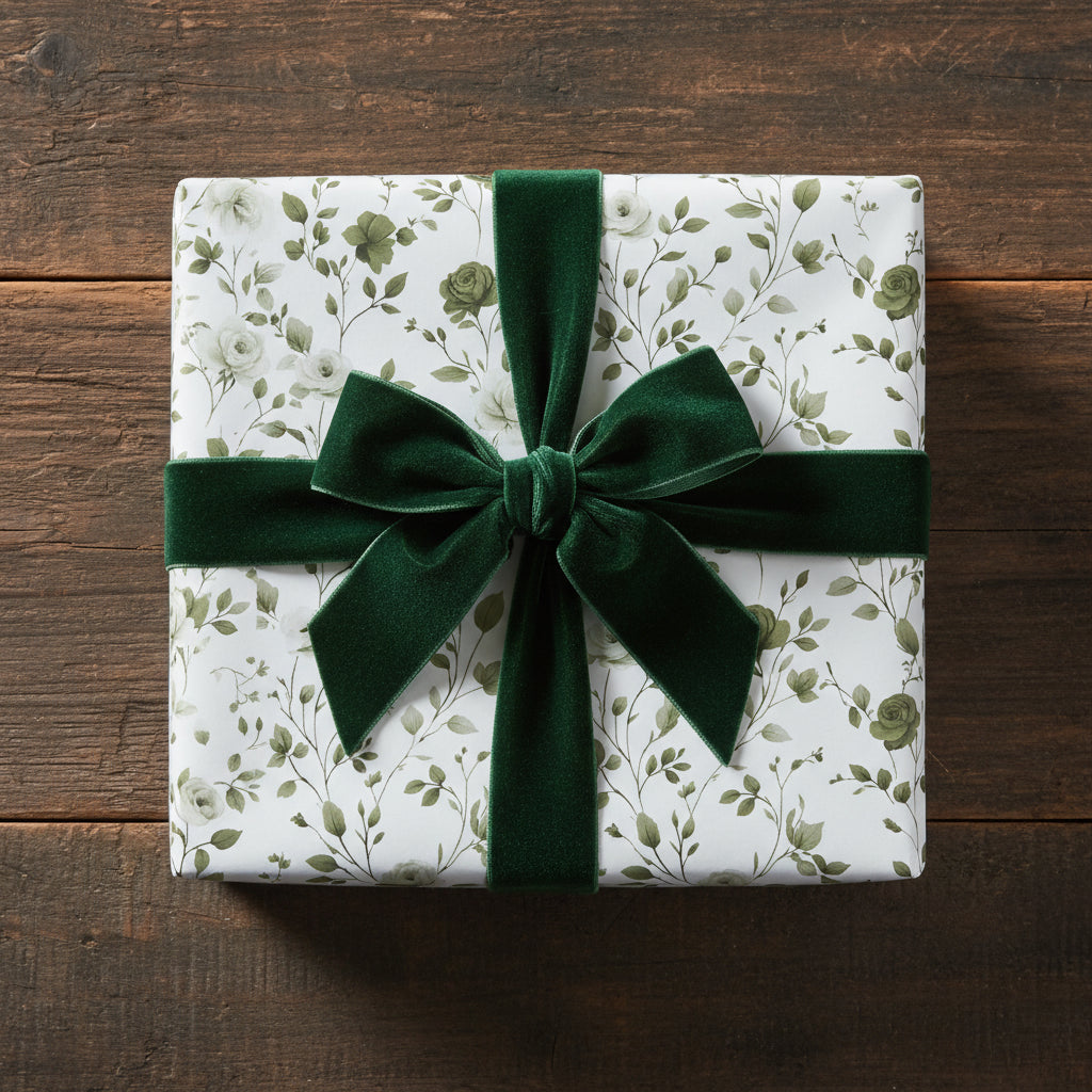 Elegant floral wrapping paper with a green velvet ribbon on a square gift box, set on wood.