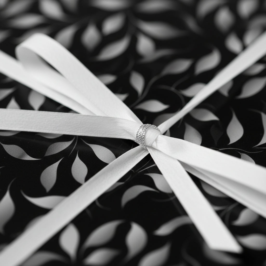 Elegant gift wrapped in black and white floral wrapping paper, tied with a white satin ribbon.
