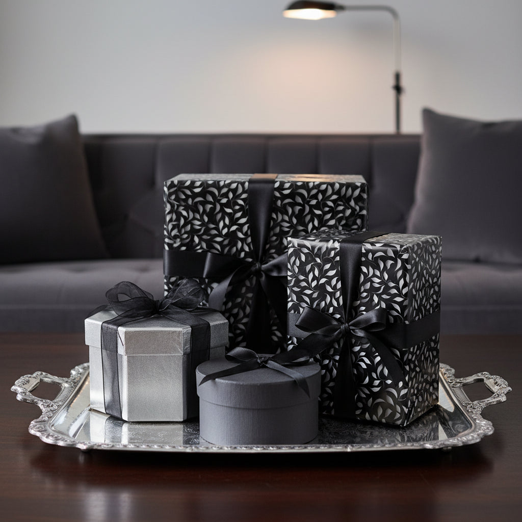 Elegant gifts wrapped in black and silver floral wrapping paper, tied with satin ribbons on a serving tray.