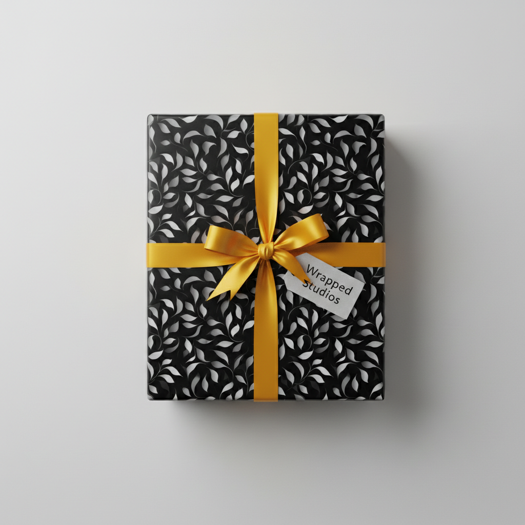 Black & white leaf pattern wrapping paper with gold ribbon, luxury gift wrap.