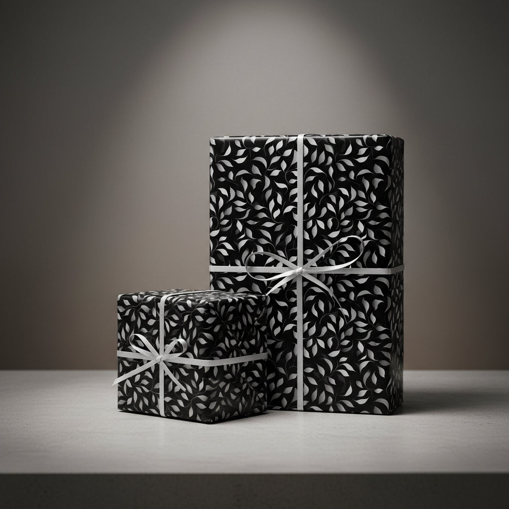 Two gifts wrapped in elegant black floral wrapping paper with white ribbon.
