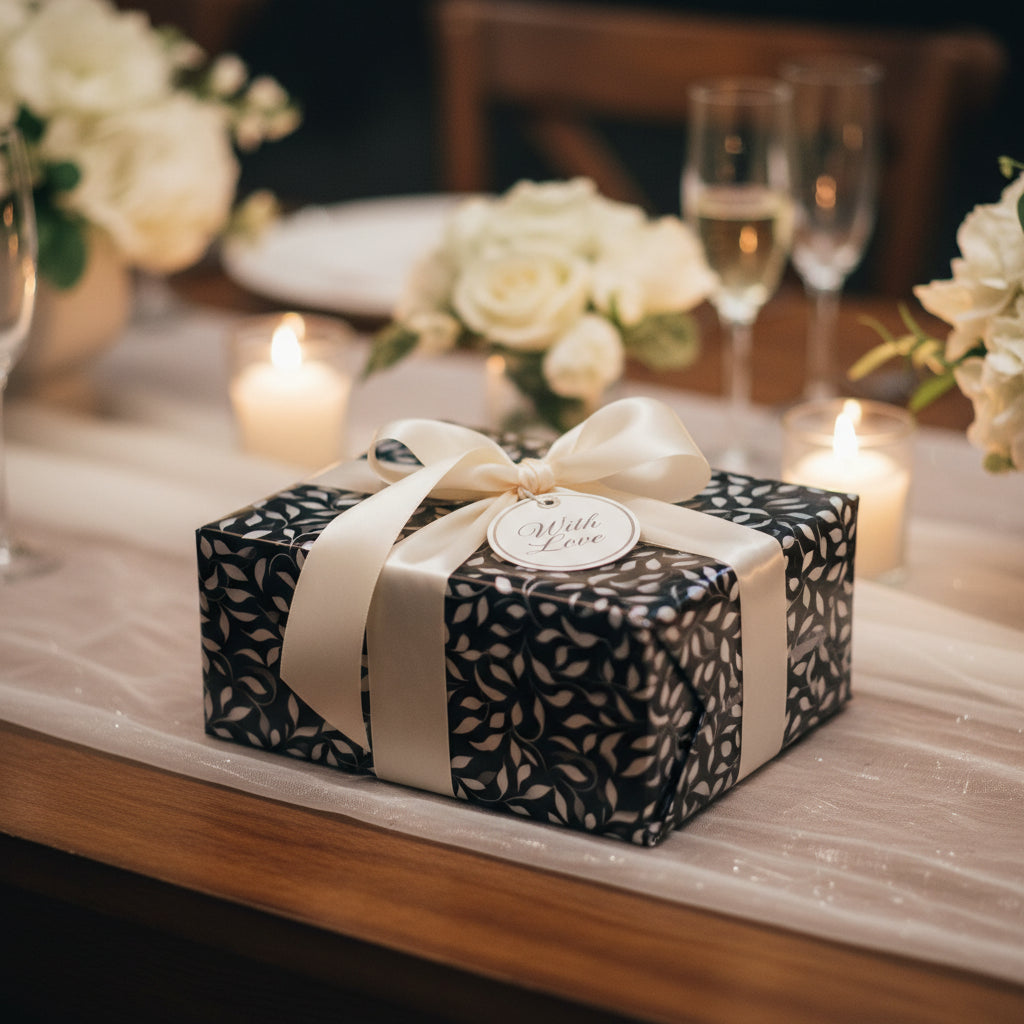 Elegant gift wrapped in black floral wrapping paper with a white satin ribbon and a "With Love" tag.