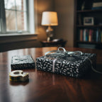 Elegant black and white floral wrapping paper with silver ribbon on gifts, perfect for a sophisticated birthday.