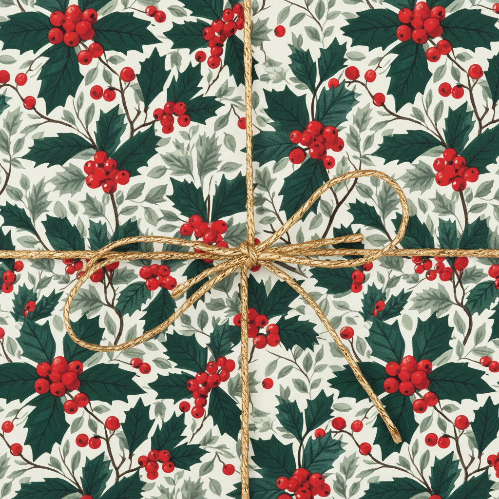 Festive Christmas gift wrap with a holly berry pattern and gold twine bow.