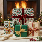 Elegant Christmas gifts wrapped in floral holly berry paper with velvet and satin ribbon by the fireplace.