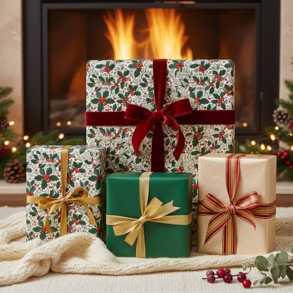 Elegant Christmas gifts wrapped in floral holly berry paper with velvet and satin ribbon by the fireplace.