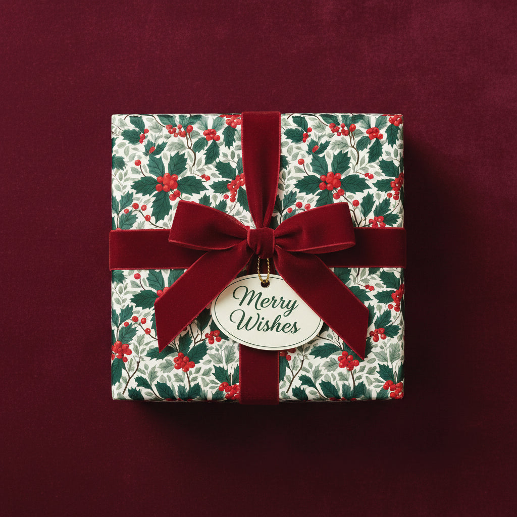 Elegant Christmas gift wrap with holly berry pattern, red velvet ribbon, and "Merry Wishes" tag.