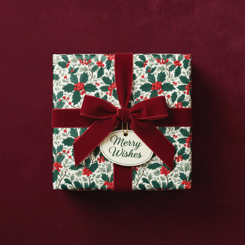 Elegant Christmas gift wrap with holly berry pattern, red velvet ribbon, and "Merry Wishes" tag.