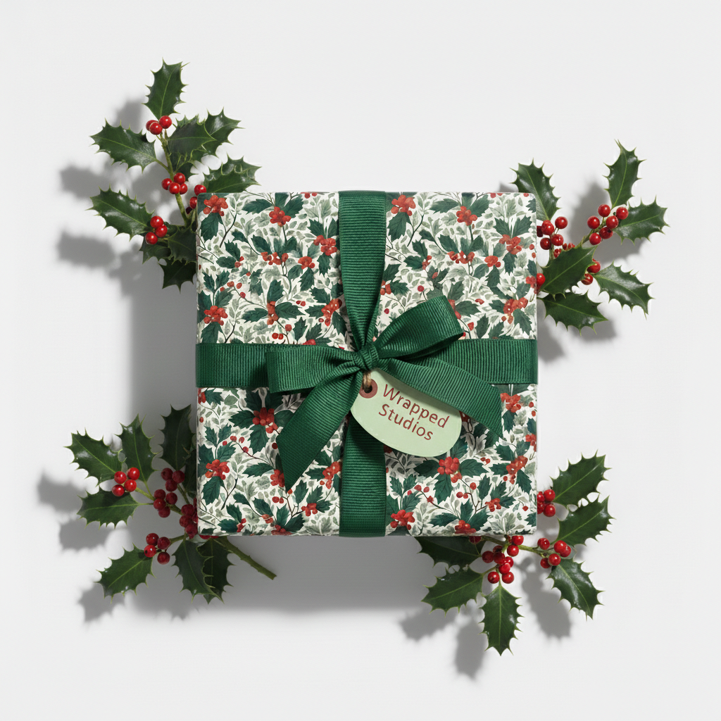 Square gift wrapped in floral Christmas wrapping paper with red holly berries and a green ribbon.