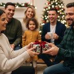 Woman exchanging a Christmas gift wrapped in festive floral paper and tied with a velvet ribbon.