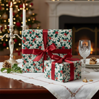 Festive Christmas gift wrap with holly berry pattern and red ribbon, set on a table near a decorated tree and fireplace.