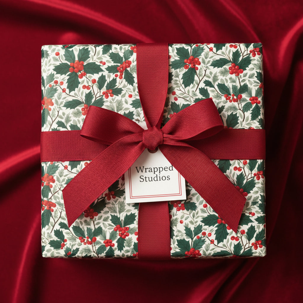 Elegant Christmas gift wrapped in festive holly berry floral wrapping paper with a red ribbon.