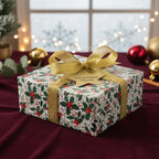 Elegant Christmas gift wrapped in holly print paper with gold ribbon and "Christmas Cheer" tag.