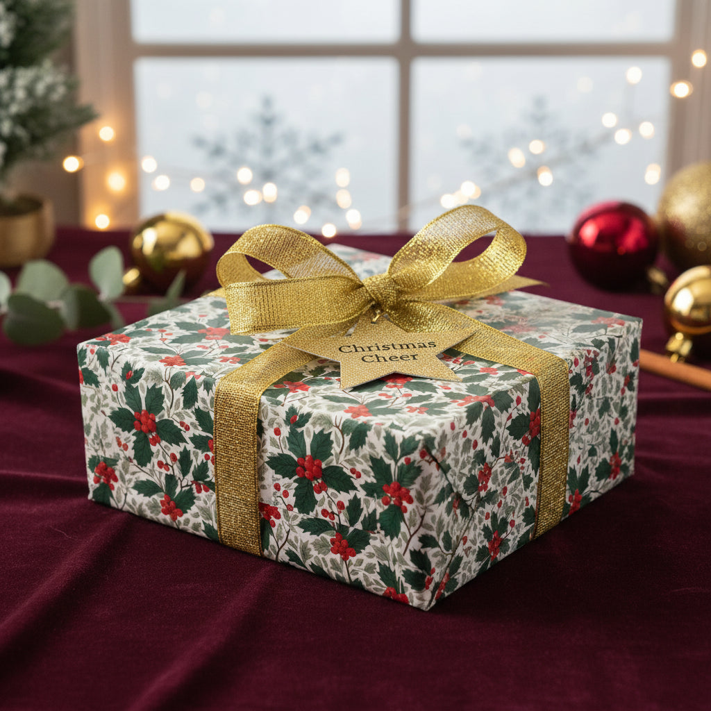 Elegant Christmas gift wrapped in holly print paper with gold ribbon and "Christmas Cheer" tag.