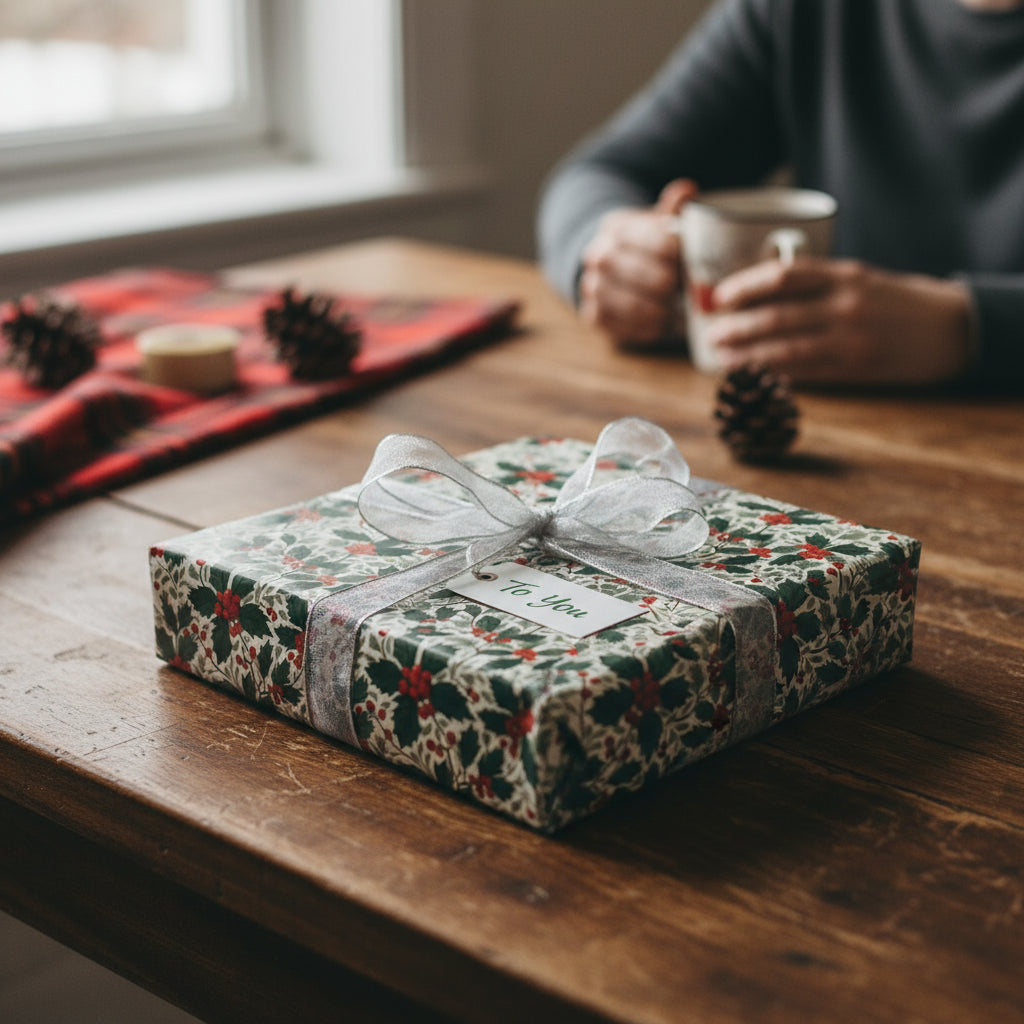 Rustic Christmas gift with holly floral wrapping paper and silver ribbon bow on a wooden table.