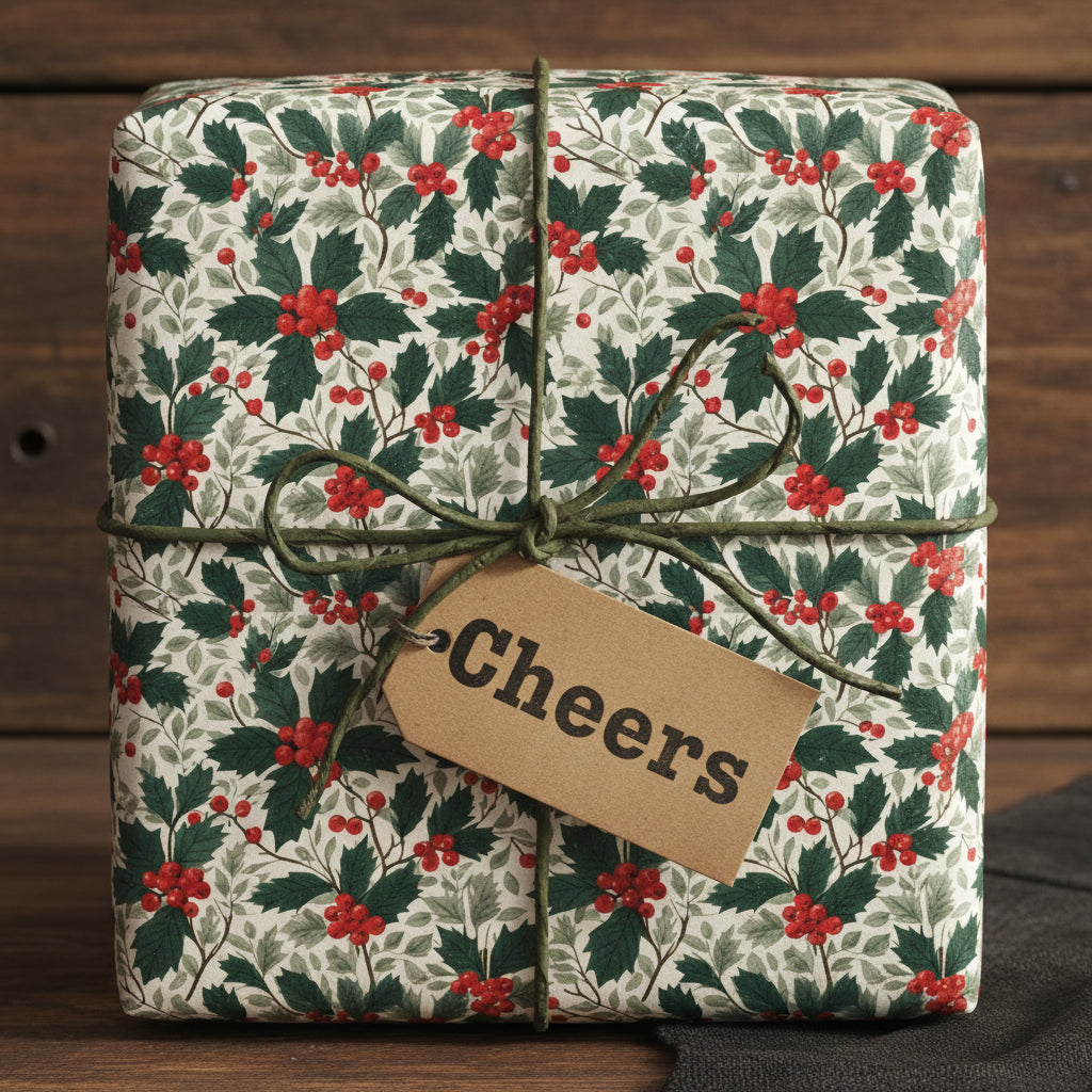 Square gift wrapped in holly berry Christmas wrapping paper with olive string and "Cheers" tag.