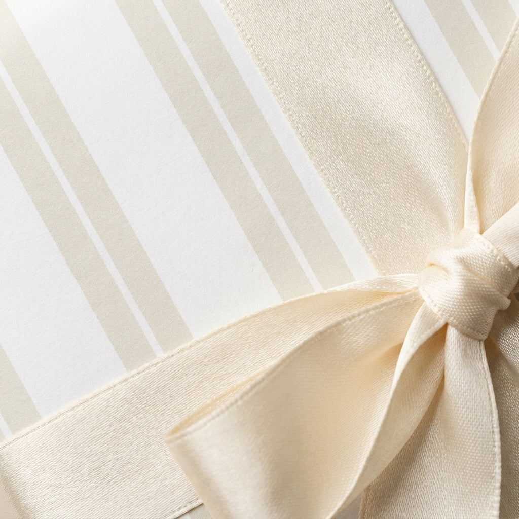Elegant cream striped luxury gift wrap with a satin bow by Wrapped Studios.