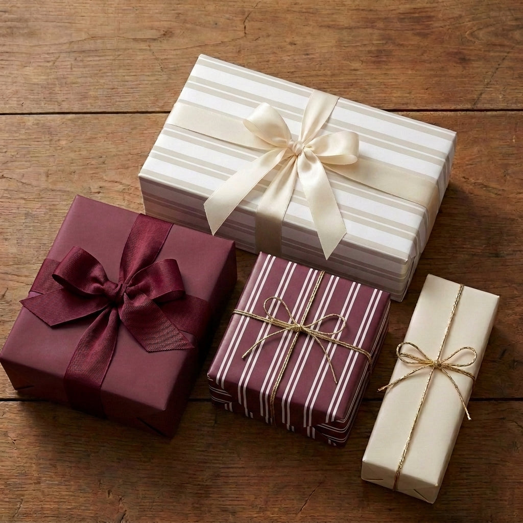 Elegant burgundy and cream striped luxury gift wrap on a wooden table by Wrapped Studios.