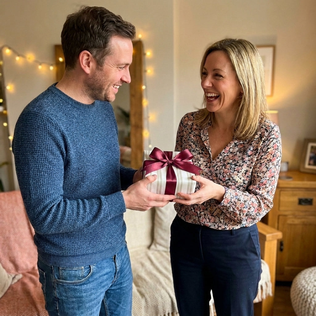 Couple exchanging a gift with elegant striped wrapping paper and burgundy ribbon by Wrapped Studios.