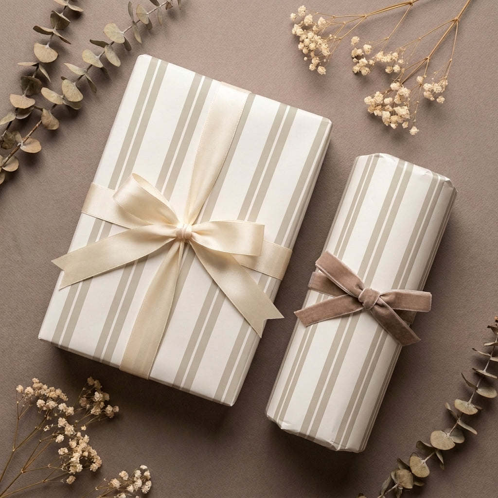 Elegant neutral striped wrapping paper with satin and velvet bows by Wrapped Studios.