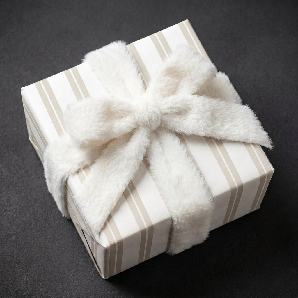 Luxury beige striped wrapping paper by Wrapped Studios on a gift box with a white faux fur bow.