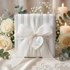 Luxury striped wedding wrapping paper with white bow and Mr. & Mrs. tag by Wrapped Studios.