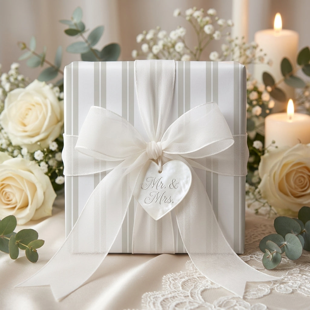 Luxury striped wedding wrapping paper with white bow and Mr. & Mrs. tag by Wrapped Studios.