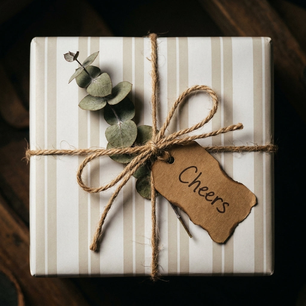 Rustic striped wrapping paper with twine, eucalyptus, and a Cheers tag by Wrapped Studios.