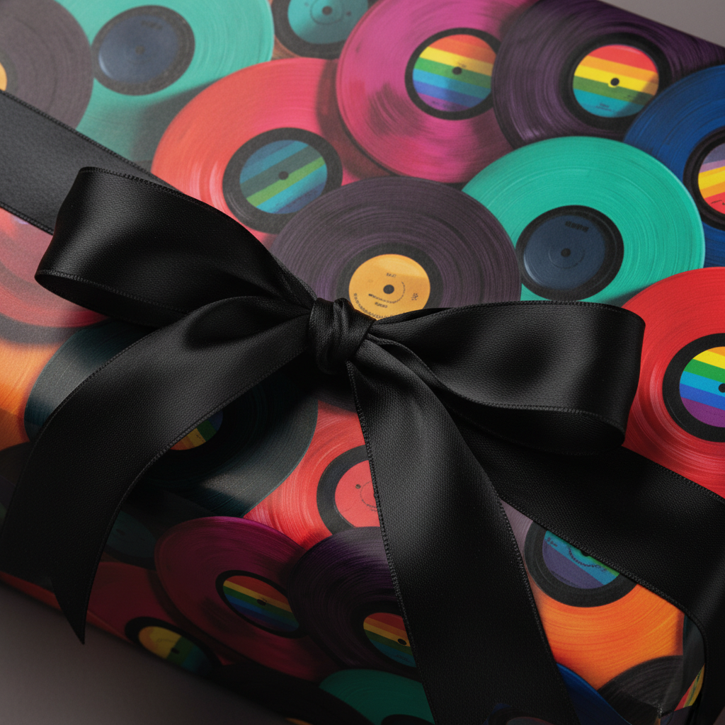 Retro vinyl record wrapping paper with a vibrant, colorful pattern, elegantly tied with a sleek black satin bow, perfect for a music lover's birthday gift.