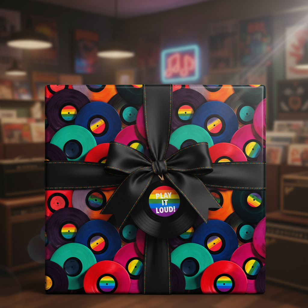 Colorful vinyl record wrapping paper with a black ribbon and "Play It Loud!" LGBTQ+ pride gift tag, perfect for music lovers.
