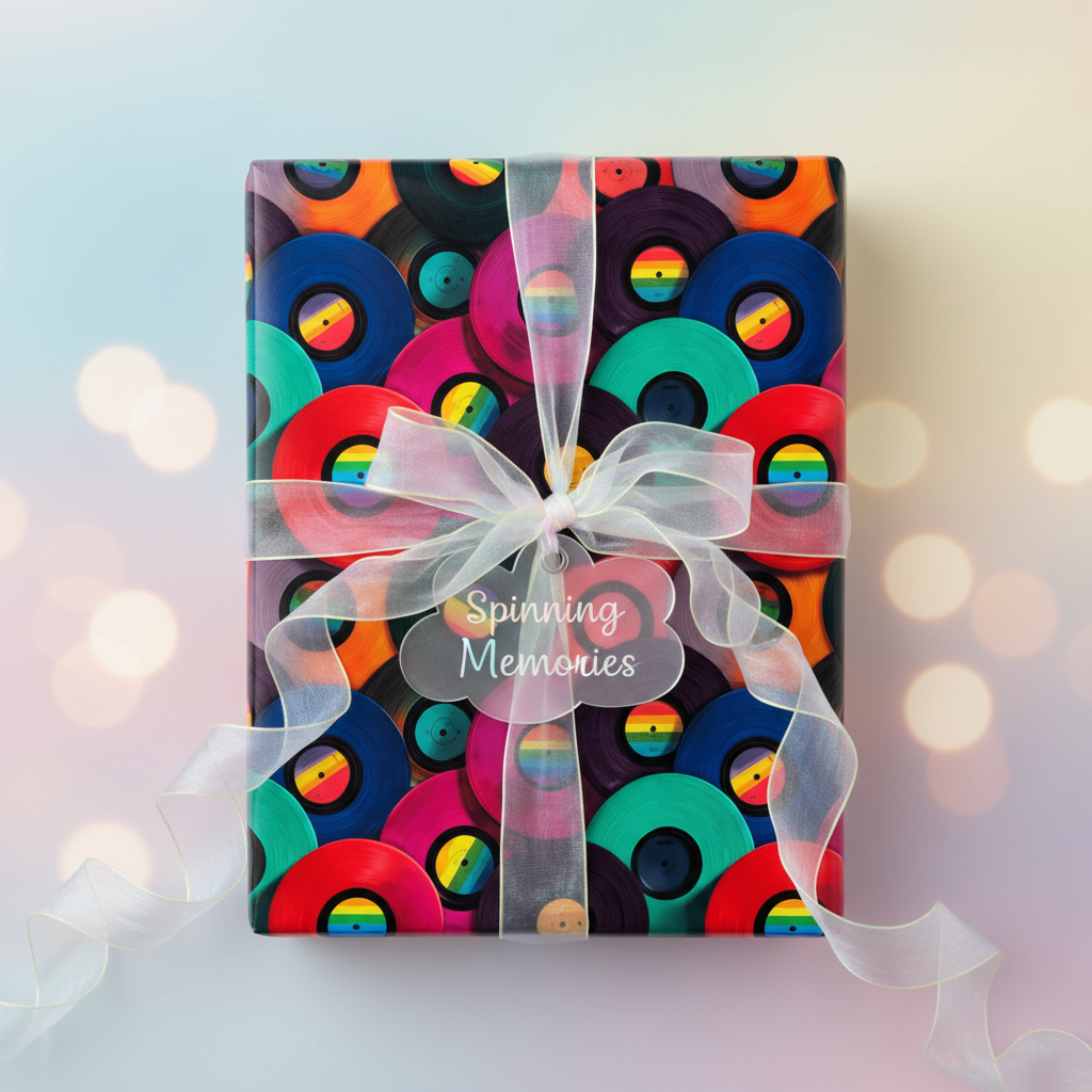 Vibrant retro vinyl record wrapping paper with a sheer white ribbon and "Spinning Memories" gift tag, perfect for music lovers.