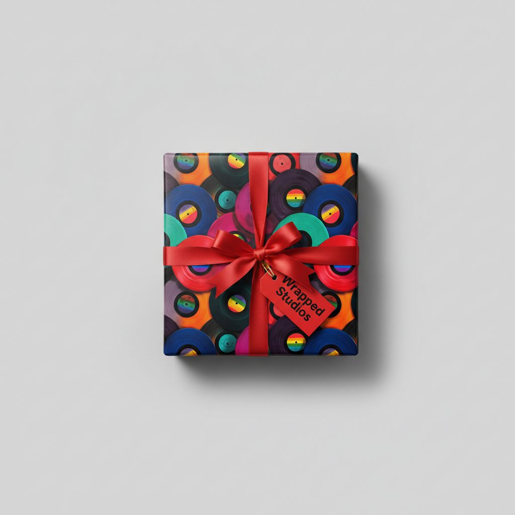 Colorful vinyl record pattern wrapping paper with a red ribbon and "Wrapped Studios" gift tag, perfect for music lovers.