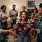 Friends giving a vibrant, retro vinyl record pattern gift to a smiling woman at a lively birthday party.