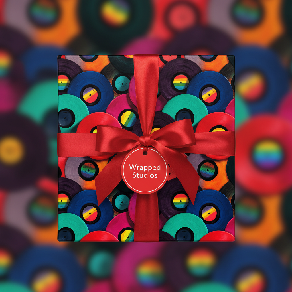 Vibrant retro vinyl record wrapping paper with a red satin bow and "Wrapped Studios" tag, perfect for music lovers' gifts.